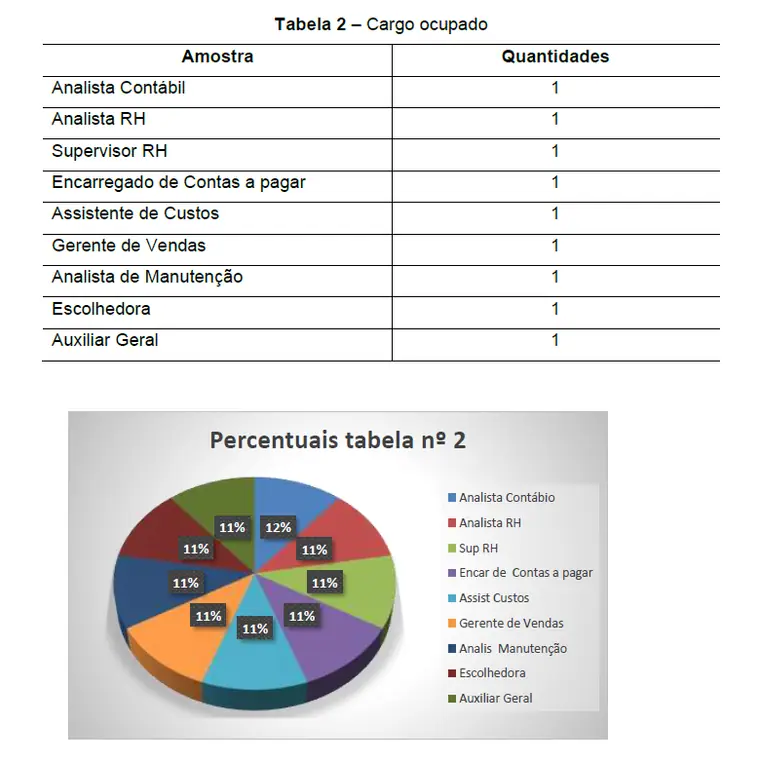 Tabela 2 – Cargo ocupado pelos entrevistados, com o gráfico de percentuais